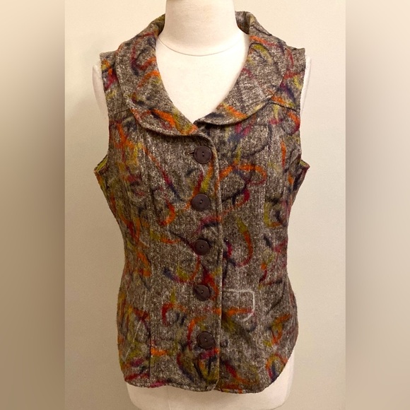 Christopher & Banks Jackets & Blazers - Christopher & Banks Brown Yellow Graffiti Button Down Sleeveless Vest Size M